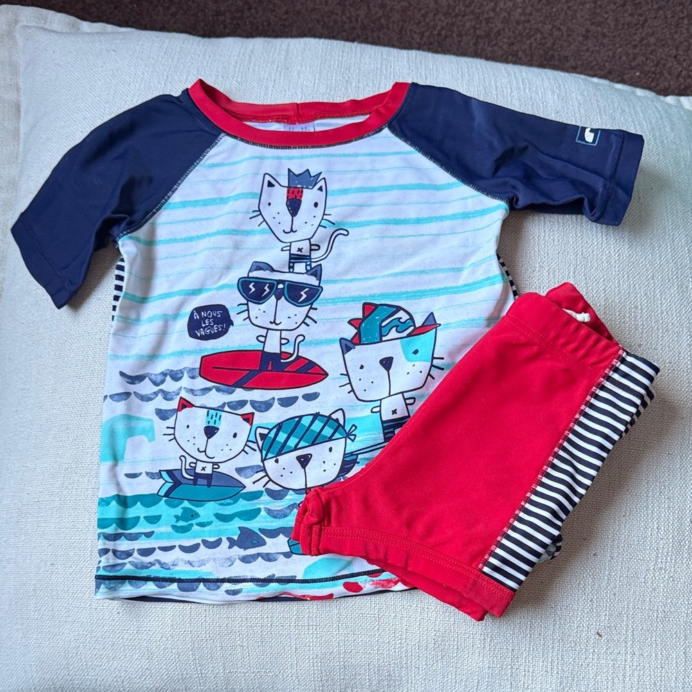 Kids Cat Print Swim Coverup Set - Red and Blue